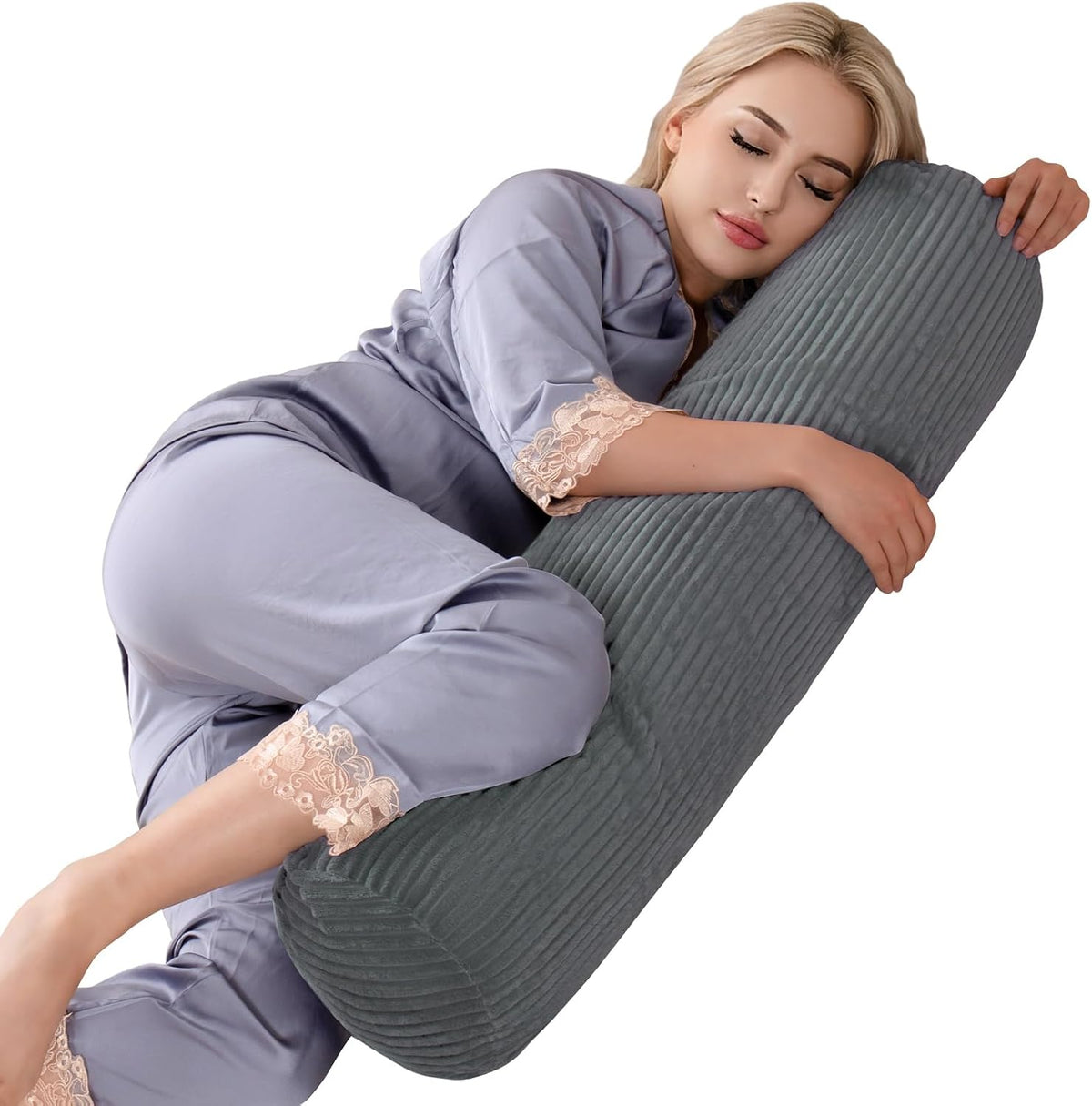 1 MIDDLE ONE Body Pillow for Adults, Bolster Pillow with Removable Velvet Cover, Long Round Cervical Roll Pillow, 35 x 7.87 Inches, Blue