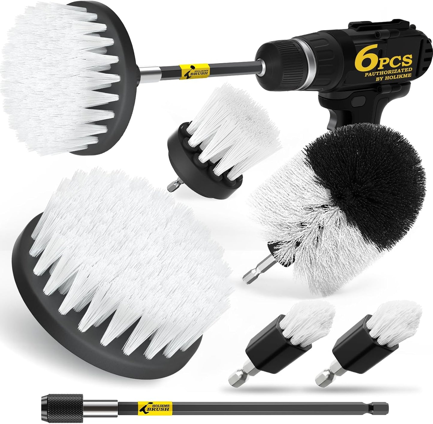 Holikme 6Pc Drill Brush Set - Soft Bristles with Extension for Home Clean | 5 Head Sizes, Yellow Nylon Fibers, Power Scrubber Attachments for Tile, Tub, Shower, Floors, Kitchen and Auto Interior Care