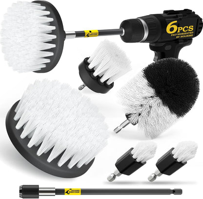 Holikme 6Pc Drill Brush Set - Soft Bristles with Extension for Home Clean | 5 Head Sizes, Yellow Nylon Fibers, Power Scrubber Attachments for Tile, Tub, Shower, Floors, Kitchen and Auto Interior Care