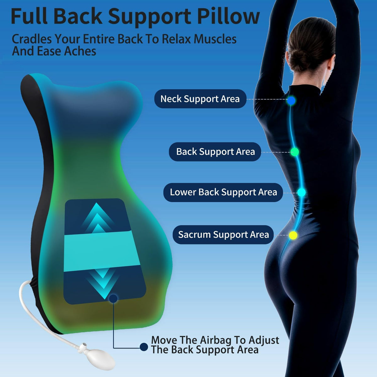 27.7'' Adjustable Airbag Full Back Lumbar Support Pillow, Back Pain Relief