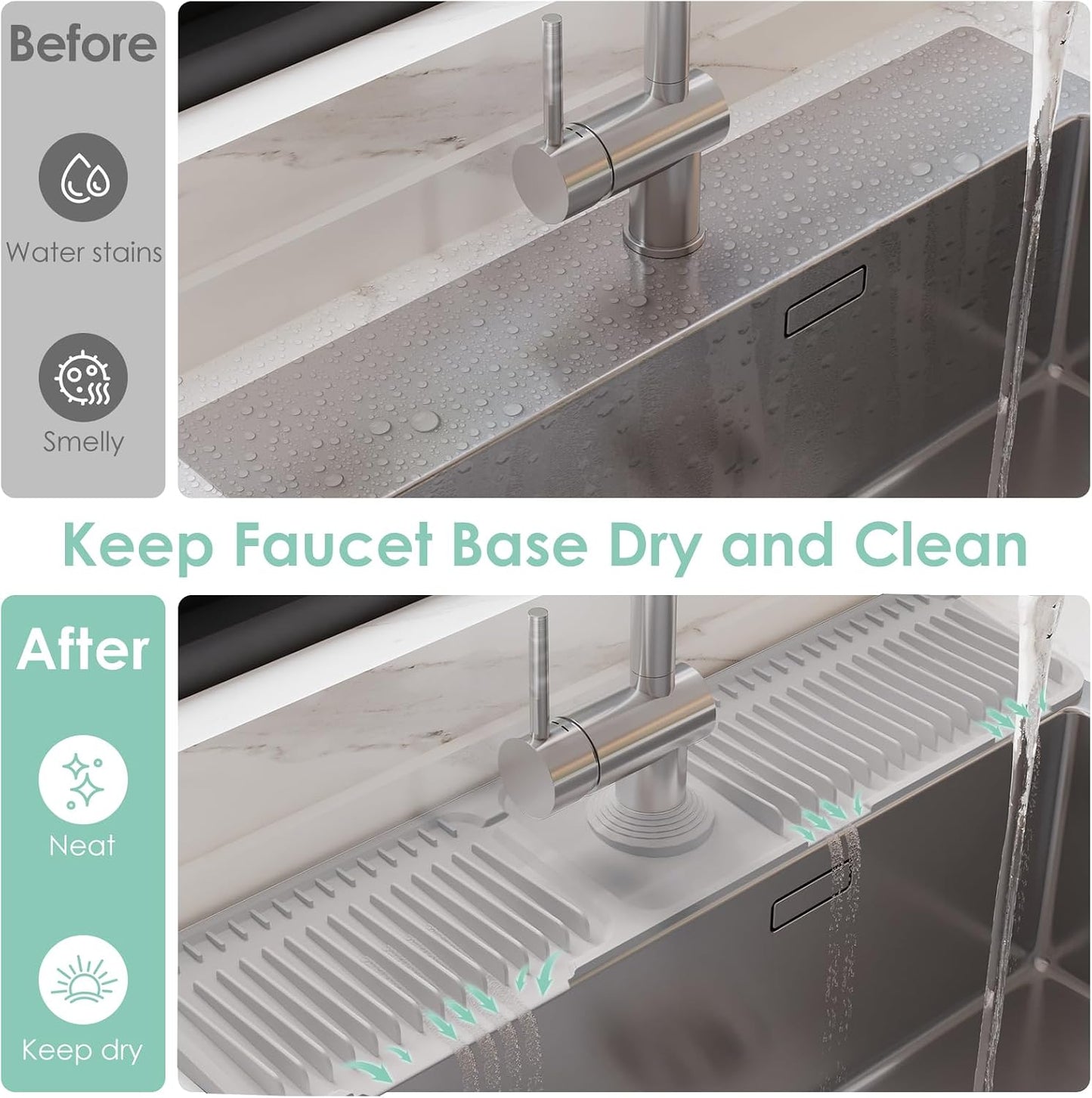 24-Inch Silicone Faucet Mat for Kitchen Sink Splash Guard, 7° Slope | 24"x5.5" water draining mat with fasten button; 1.6-2.75" customizable hole for bathroom, RV & kitchen sink drip catcher.