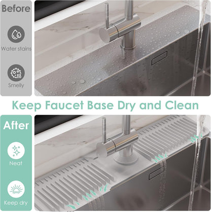 24-Inch Silicone Faucet Mat for Kitchen Sink Splash Guard, 7° Slope | 24"x5.5" water draining mat with fasten button; 1.6-2.75" customizable hole for bathroom, RV & kitchen sink drip catcher.