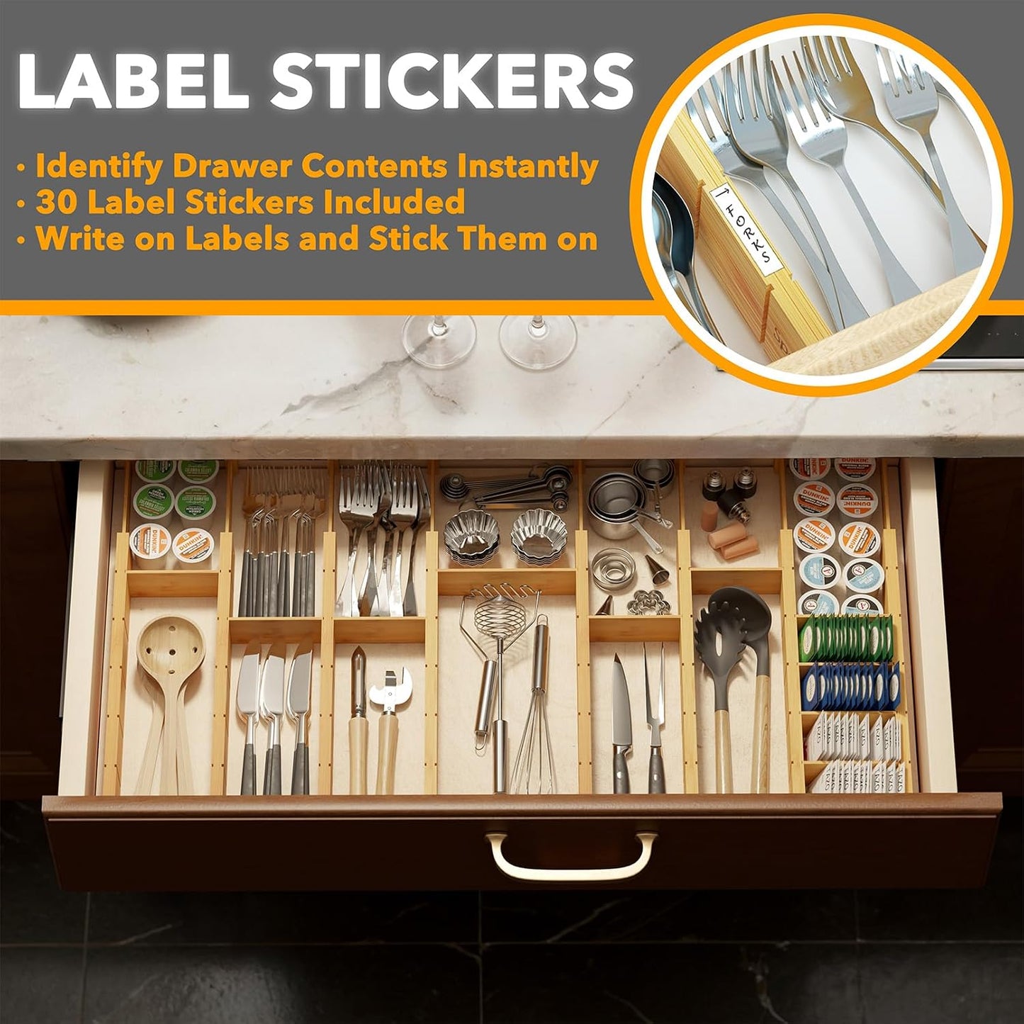 SpaceAid Bamboo Drawer Dividers with Inserts and Labels, Kitchen Adjustable Drawer Organizers, Expandable Organization for Home, Office, Dressers, 4 Dividers with 9 Inserts (17"-22" Natural)