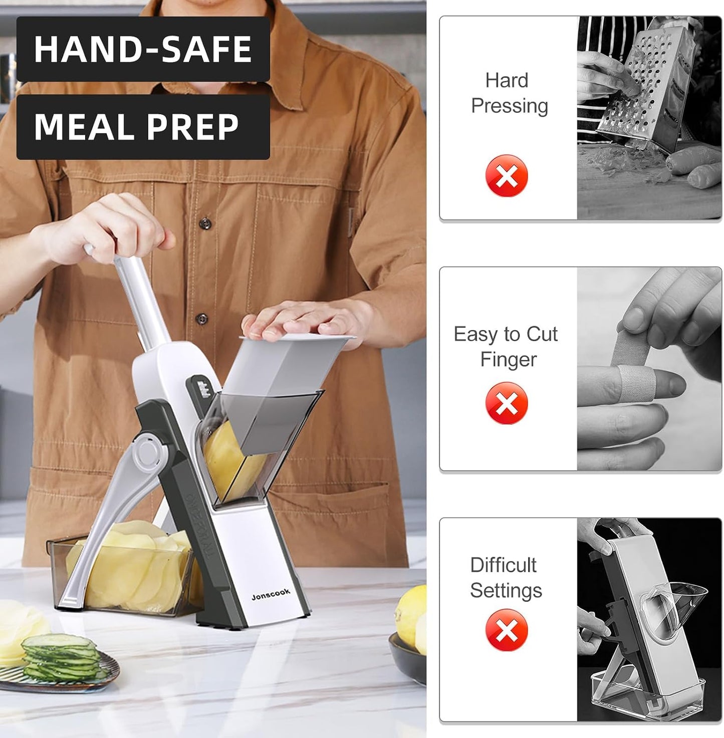 Jonscook All-in-1 Safe Mandoline Slicer for Kitchen, Vegetable Slicer with Container, Adjustable Veggie Mandoline, French Fry Cutter, Potato/Tomato/Onion Slicer, Grater/Cleaning Brush (Black Knight)