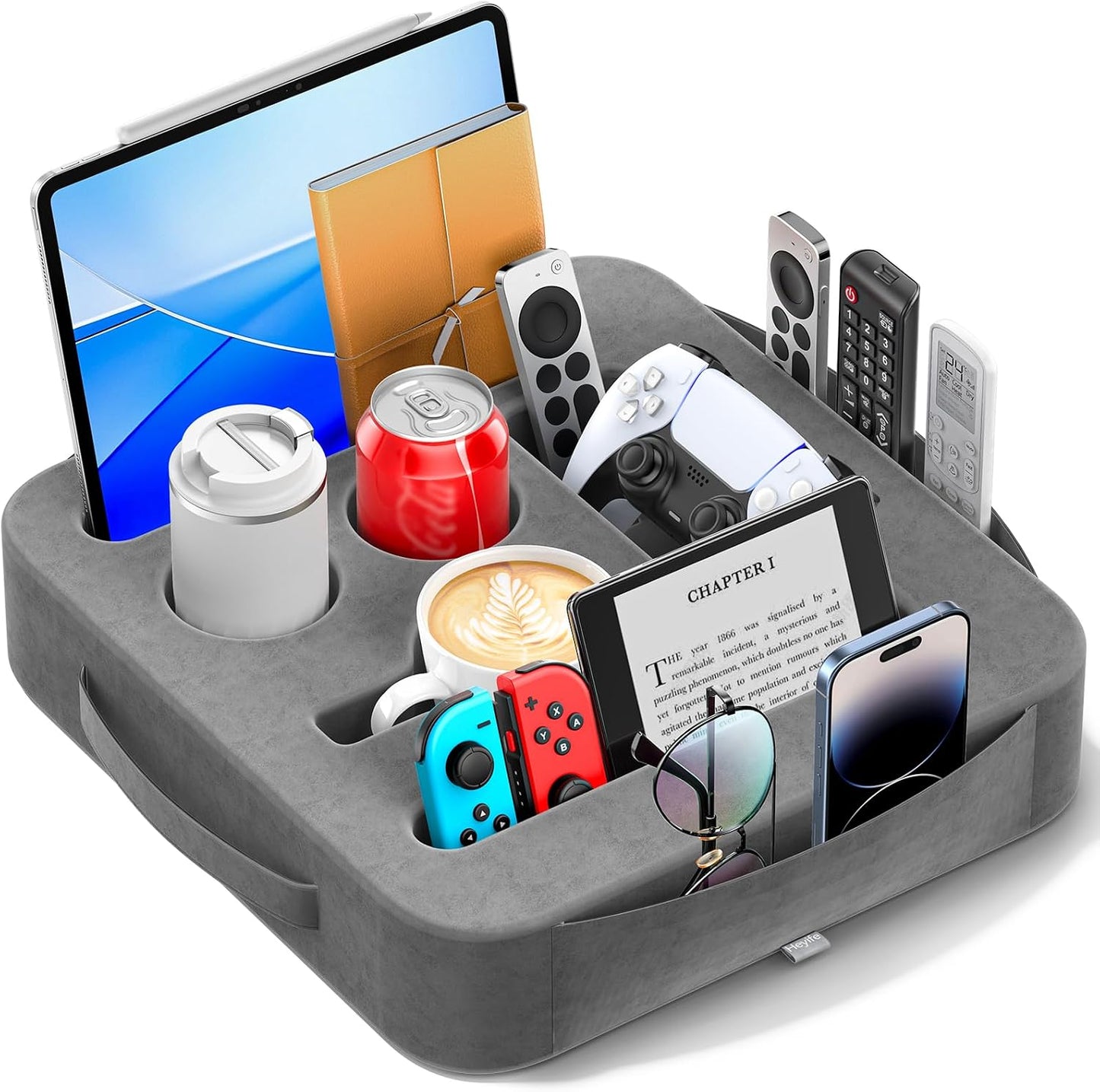 Couch Cup Holder Pillow, Sofa and Bed Caddy for iPad, Kindle, Switch, Game Controller, Remotes, Phones, Small-Sized Cup & Drink Holder for Couch, Bed, Desk, Car, Beach, Bathroom Cup Holder