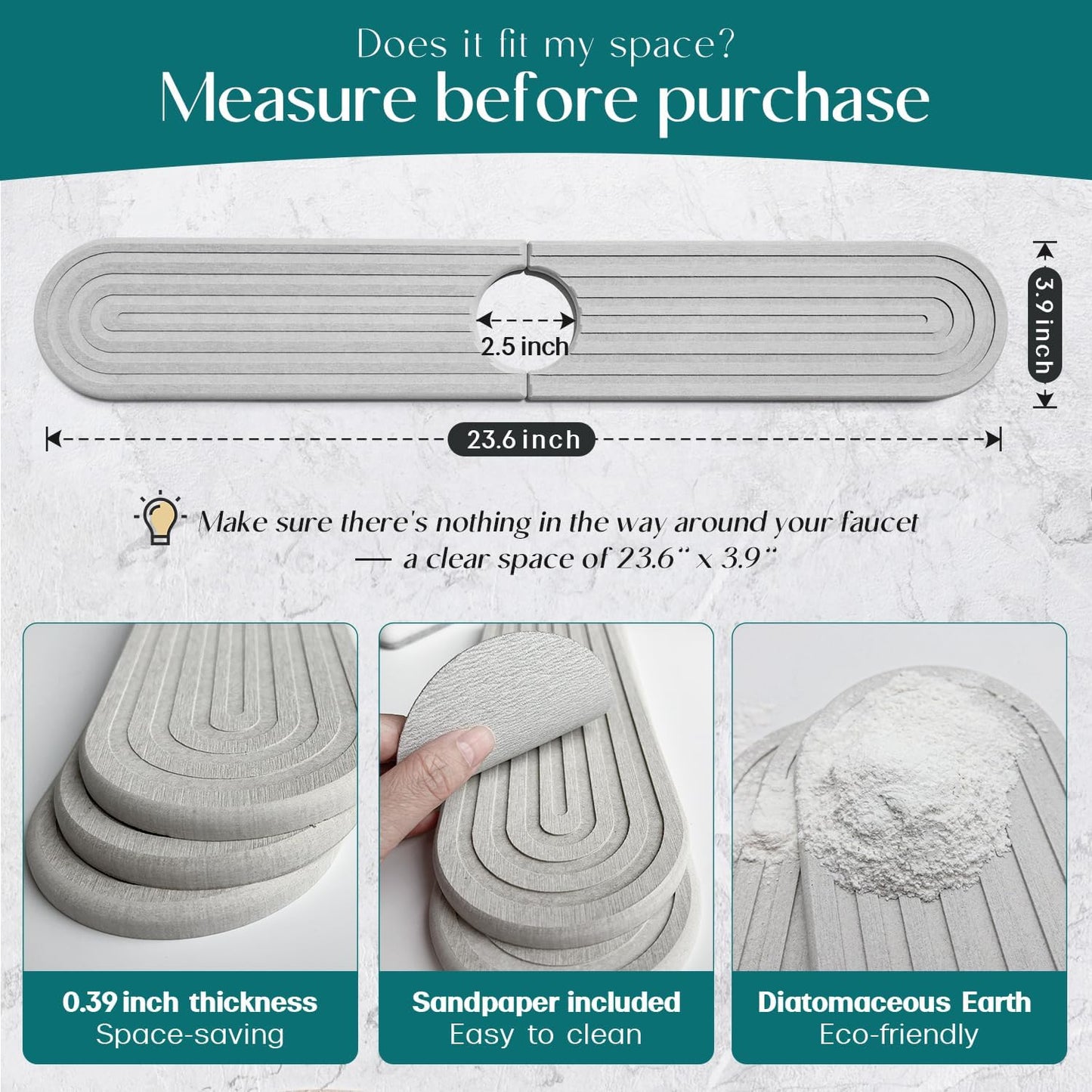 Diatomite Sink Splash Guard - DryingNeat Kitchen Faucet Mat, Instant Dry Water Absorbing Stone Tray for Sink, Durable Protector for Kitchen Bathroom Counter [Light Grey, 17.7" x 3.9"]