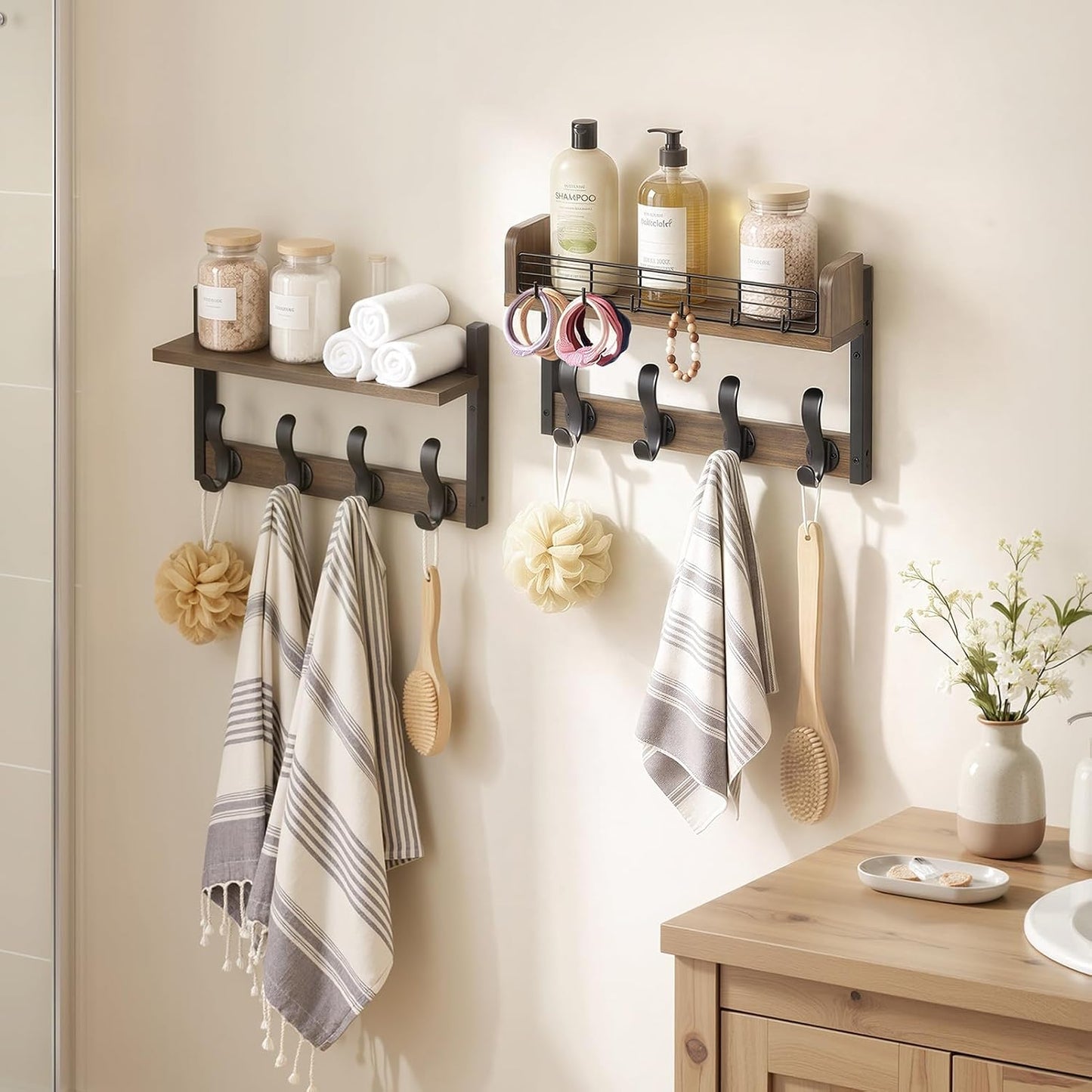 Delamu 29" Large Coat Rack Wall Mount with Shelf, 4 in 1 Shelf with 11 Hooks, Wooden Key and Mail Holder for Wall for Entryway, Living Room and Bedroom, Brown