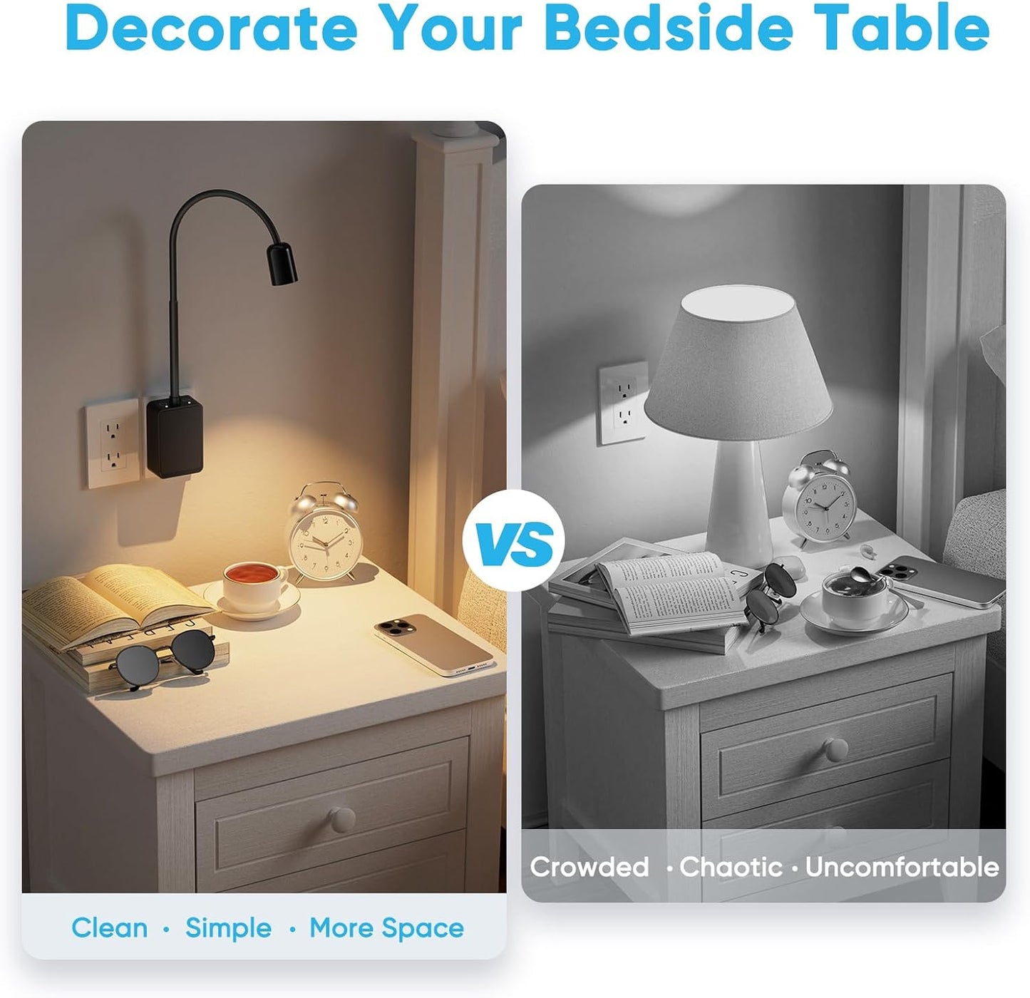 Plug in LED Book Reading Spot Light, White Dimmable Wall Sconce Lamp with Power Plug and Outlet Extender for Kitchen Bedroom Living Room, 3 Lighting Colors, USB Output Charging Ports
