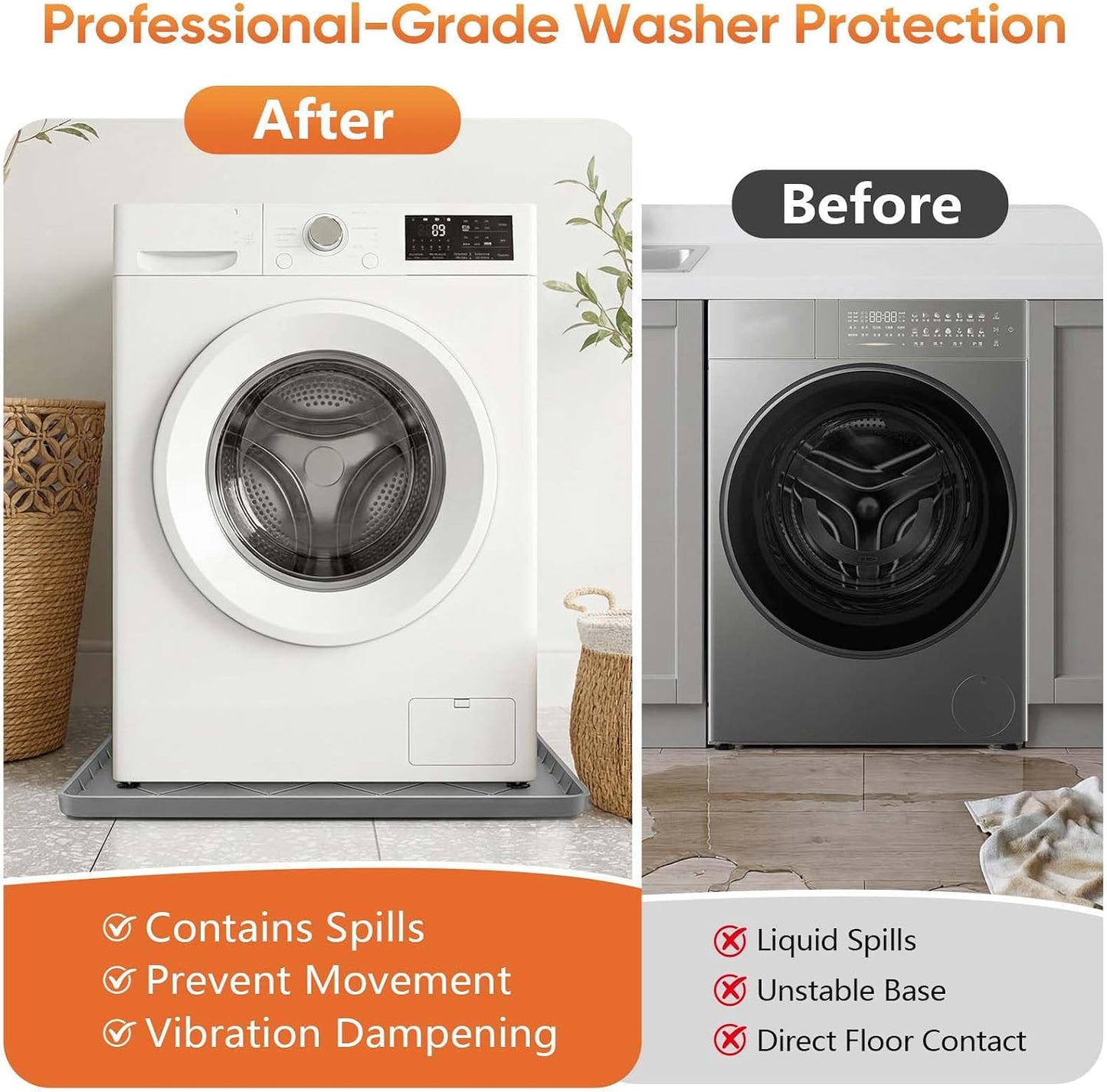 Washing Machine Drain Pan Silicone Mat,Large 32"X 30"with 1" Raised Edges | Non-Slip Waterproof Washer Drain Pan,Washing Machine Tray for Floor Protection,Multi-Purpose Leakproof Washer Drip Pan (Grey)