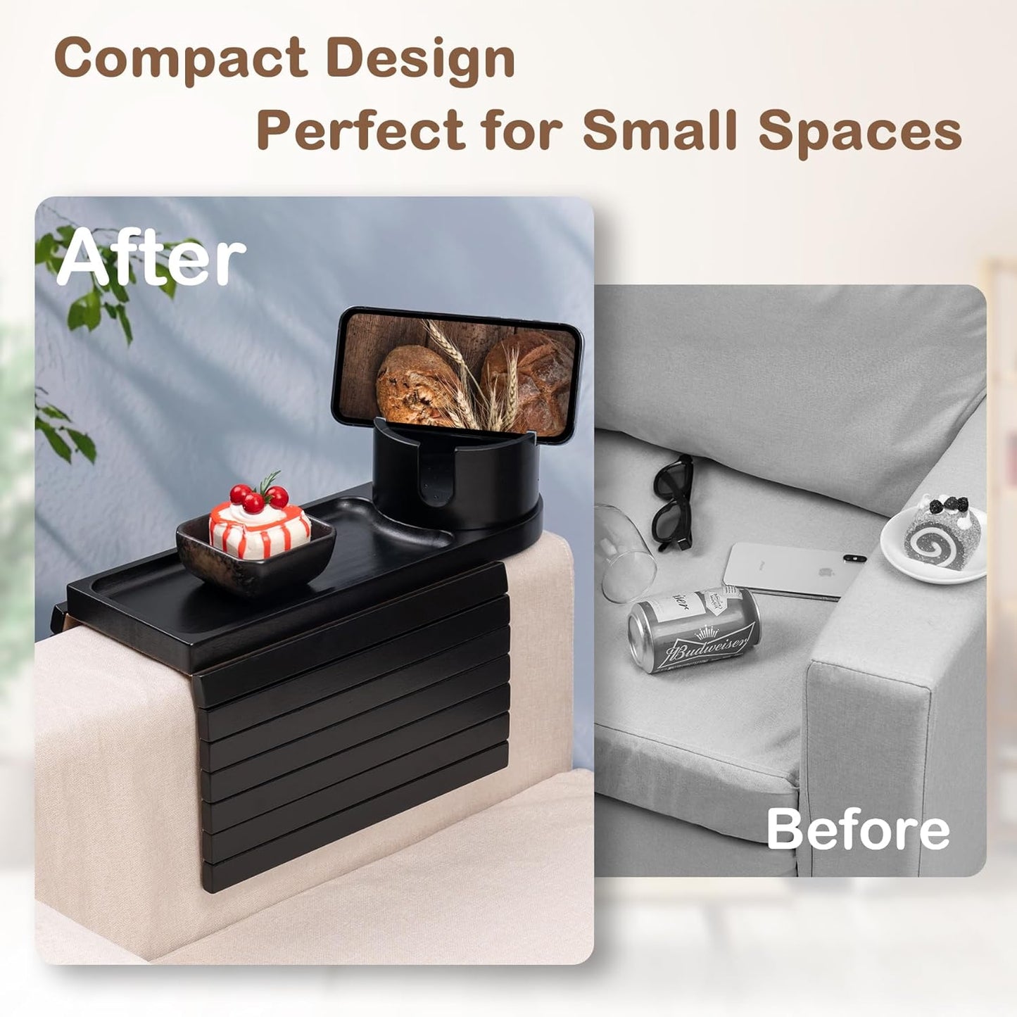 Couch Cup Holder for Armrests Over 4.9" Wide with 360° Phone Stand Walnut | Couch Arm Tray with 360° Rotating Phone Stand, 3 in 1 Foldable Sofa Arm Tray Table for Remote, Snacks, Phone, Drinks