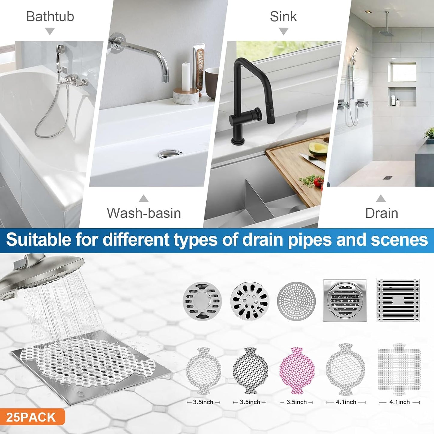 25 Pack, Disposable Shower Drain Hair Catcher Mesh Stickers, Disposable Hair Drain Catcher.(White,4.1inch), Hc2-4.1inRound-25