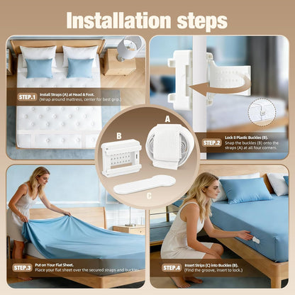 HOUSE AGAIN Bed Sheet Holders for Corners, 8-Point Grip Locking Clips & Straps Keep Fitted Sheets Firm, Tight and Smooth, No More Loose Sheets, Easy One-Time Installation (White)