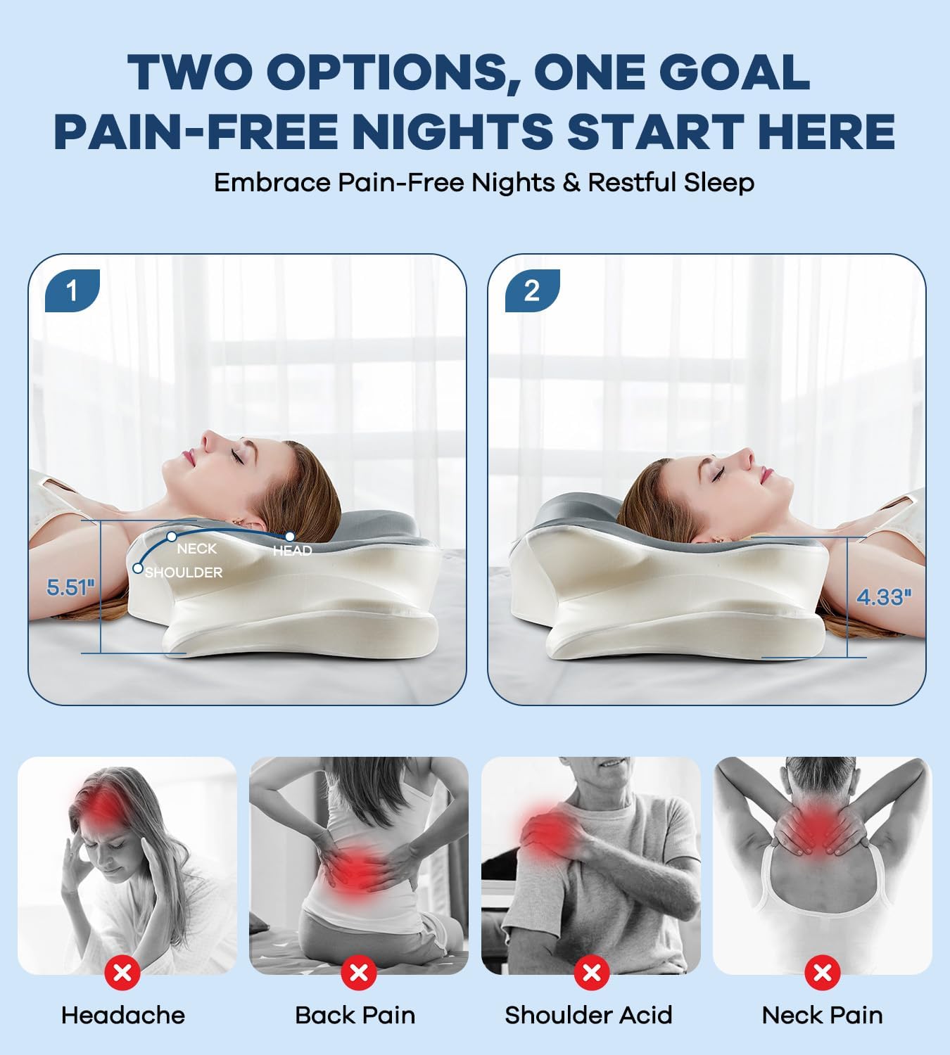 DONAMA Contour Cervical Neck Pillow for Neck Pain Relief | Queen,Ergonomic Dual-Height,Odorless Memory Foam,Side/Back/Stomach Sleepers,Cooling Hypoallergenic Cover,OEKO-TEX Certified