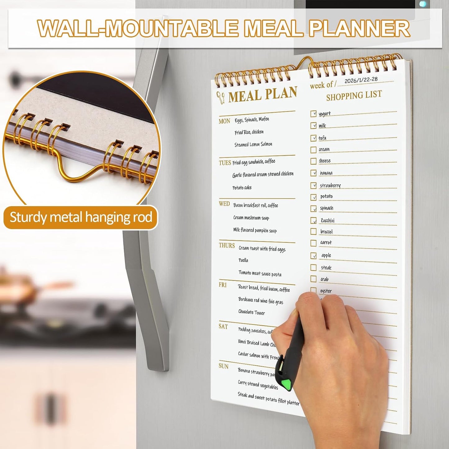 AZUREAL 50 Sheets Meal Planner, 8.5x11 Inch Double Helix Magnetic Meal Planning Notepad and Grocery List Notepad with Tear-Off Shopping List, Wall-Mountable Daily & Weekly Meal Planner for Fridge