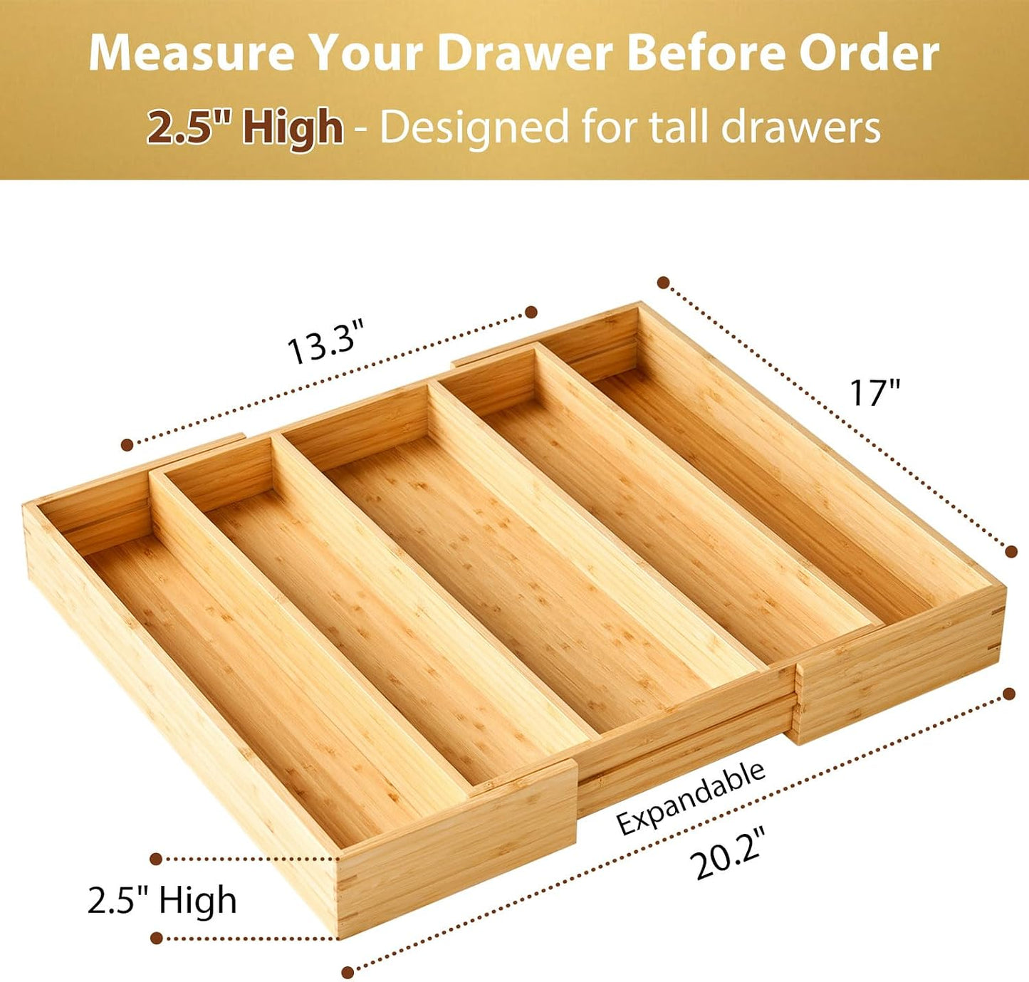 Large Expandable Kitchen Silverware Utensils Drawer Organizer, 2.5" Extra High Adjustable Drawer Divider with Curved Grooves, Bamboo Wood Cutlery Tray Flatware Holder