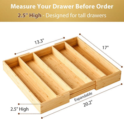 Large Expandable Kitchen Silverware Utensils Drawer Organizer, 2.5" Extra High Adjustable Drawer Divider with Curved Grooves, Bamboo Wood Cutlery Tray Flatware Holder