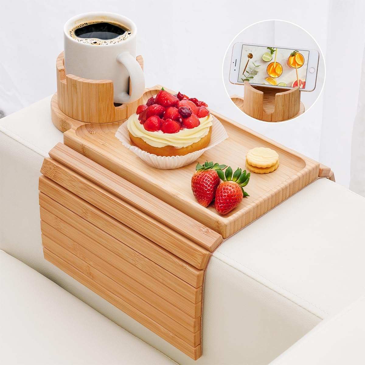 Couch Cup Holder - 3 in 1 Sofa Arm Tray with 360° Rotating Cup Holder & Phone Stand,Arm Chair Rest Table Fits Various of Large Width Couches Armrest,Anti-Slip Foldable Couch Tray for Drinks