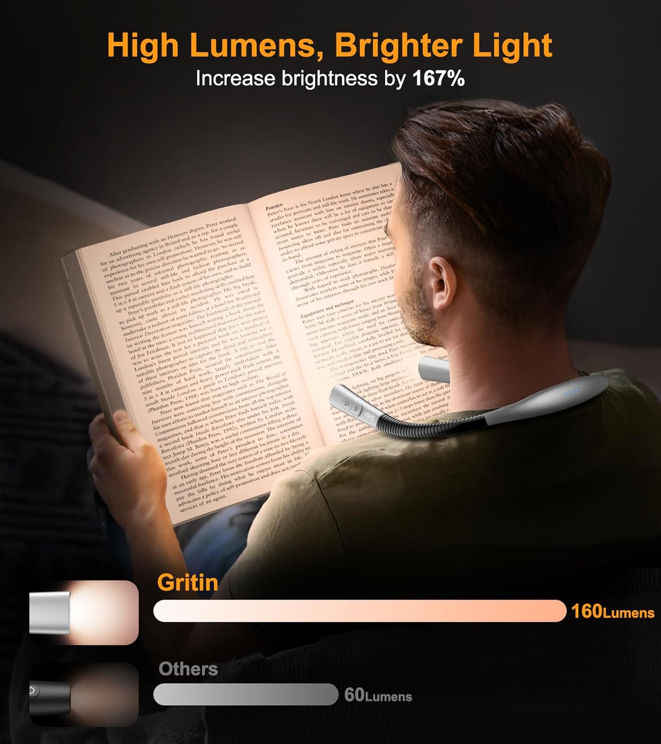 Gritin Book Light, Eye Caring 4-Color&5-Brightness Neck Light Reading Light | Stepless Dimming, 30-min Timer, 80+ Hrs Runtime, Bendable Round Neck Design, Lightweight for Reading, Knitting, Repairing