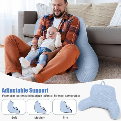 Reading Pillow, Ice Silk Bean Back Pillow for Bed Sitting Up, Adult Back-Rest Support Cushion with Arms for Sit Up on Couch, Sofa, and Floor, Dorm Essentials, Reading Accessories, Blue