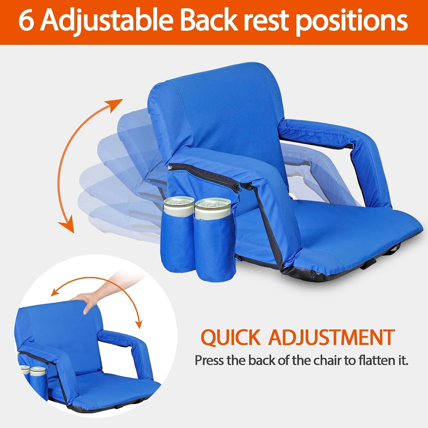 LEMY 20.5"/ 25" Wide Adjustable Stadium Seat for Bleachers Portable Water Resistant Stadium Chair with Back/Arms/Cushion for Outdoor or Indoor