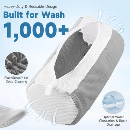 2PCS XXL Shoe Washing Machine Bag with Adjustable Shoes Trees - Heavy Duty Reusable Shoe Laundry Bag for Washer and Dryer - 360° Deep Clean & Protect Chenille Microfiber Sneakers Wash Bags - White