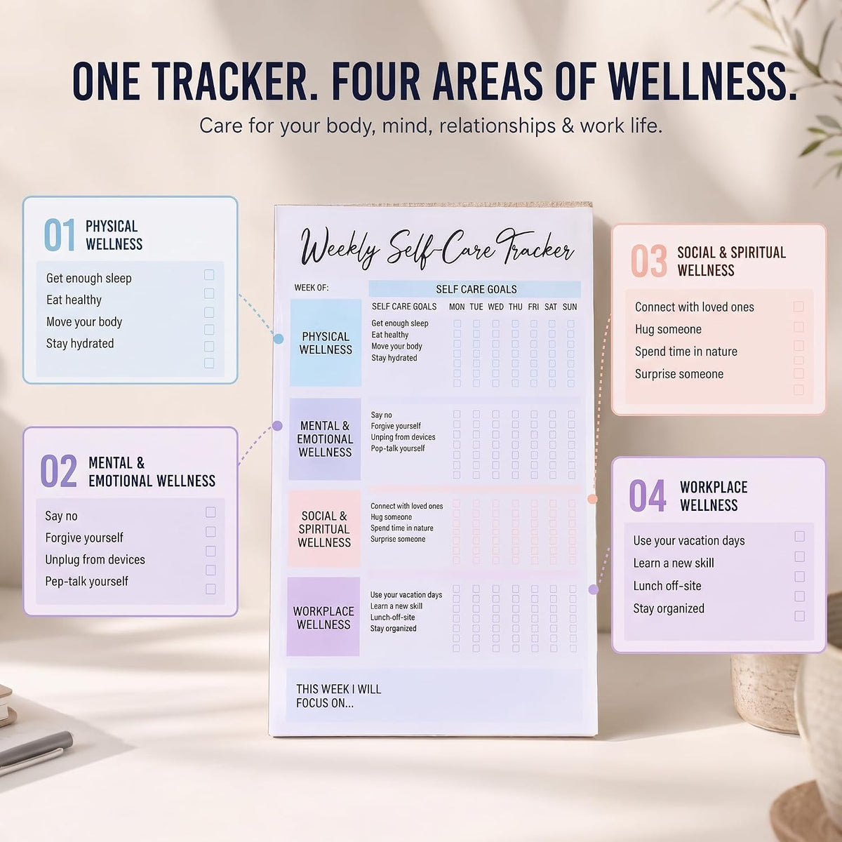 4 Pack Self Care Weekly Tracker Notepads (2 Blank + 2 Guided), 6 ''x 9''