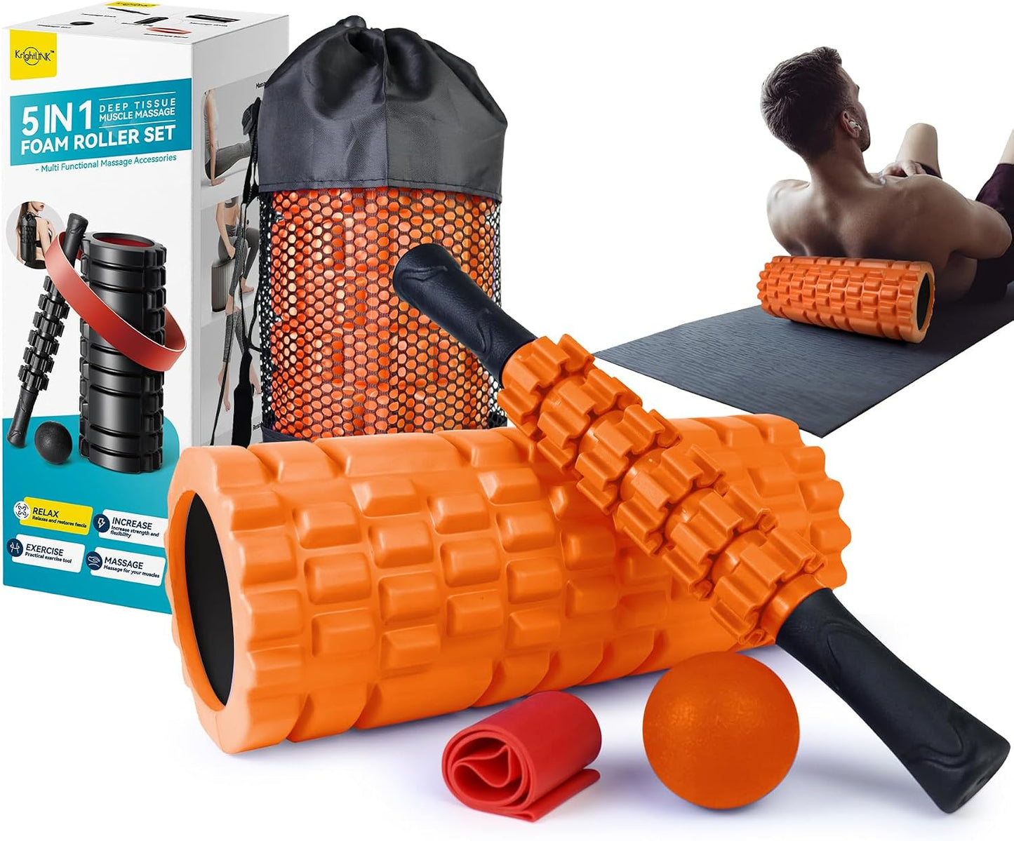 Krightlink 5-in-1 Foam Roller Set High Density Deep Tissue Muscle Massage | Muscle Recovery Kit Exercise Roller, Massage Ball, Resistance Band & Carry Bag for Physical Therapy & Pain Relief Black