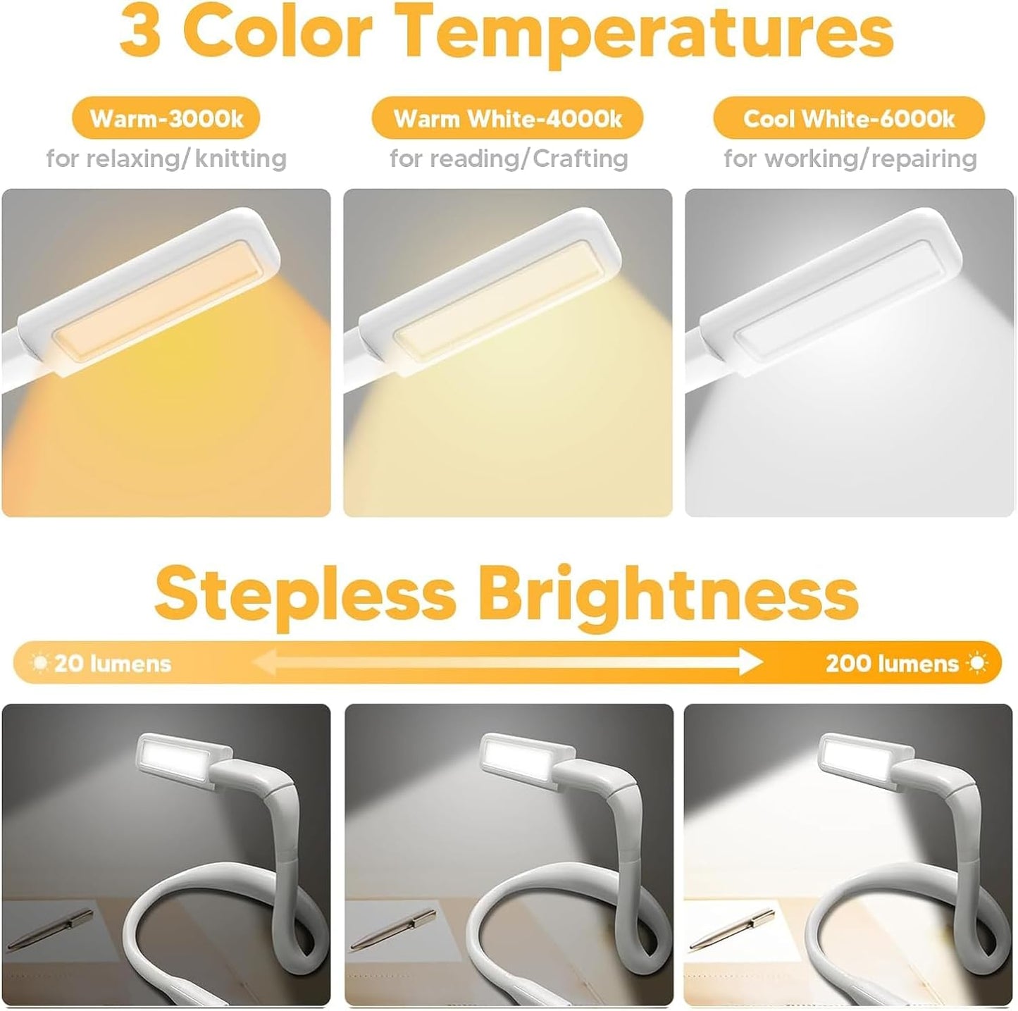 Neck Reading Light Book Lovers Gifts, Rechargeable 80Hrs Eye-friendly 3 Colors & Stepless Dimming Book Light for Reading, Christmas Stocking Stuffers for Men Women Camping Knitting Crochet Accessories