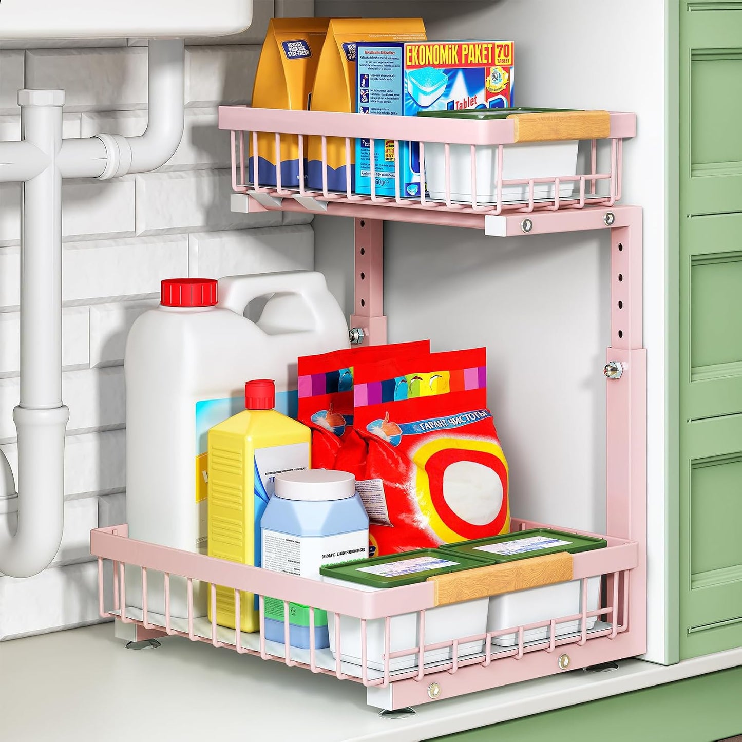 Kitstorack Under Sink Organizer, 2 Tier Under the Sink Storage, Slide out Pull out Cabinet Organizer Shelf, Metal Sliding Drawer for Kitchen Bathroom Pantry Closet Organization Rack, Black, 2 Pack