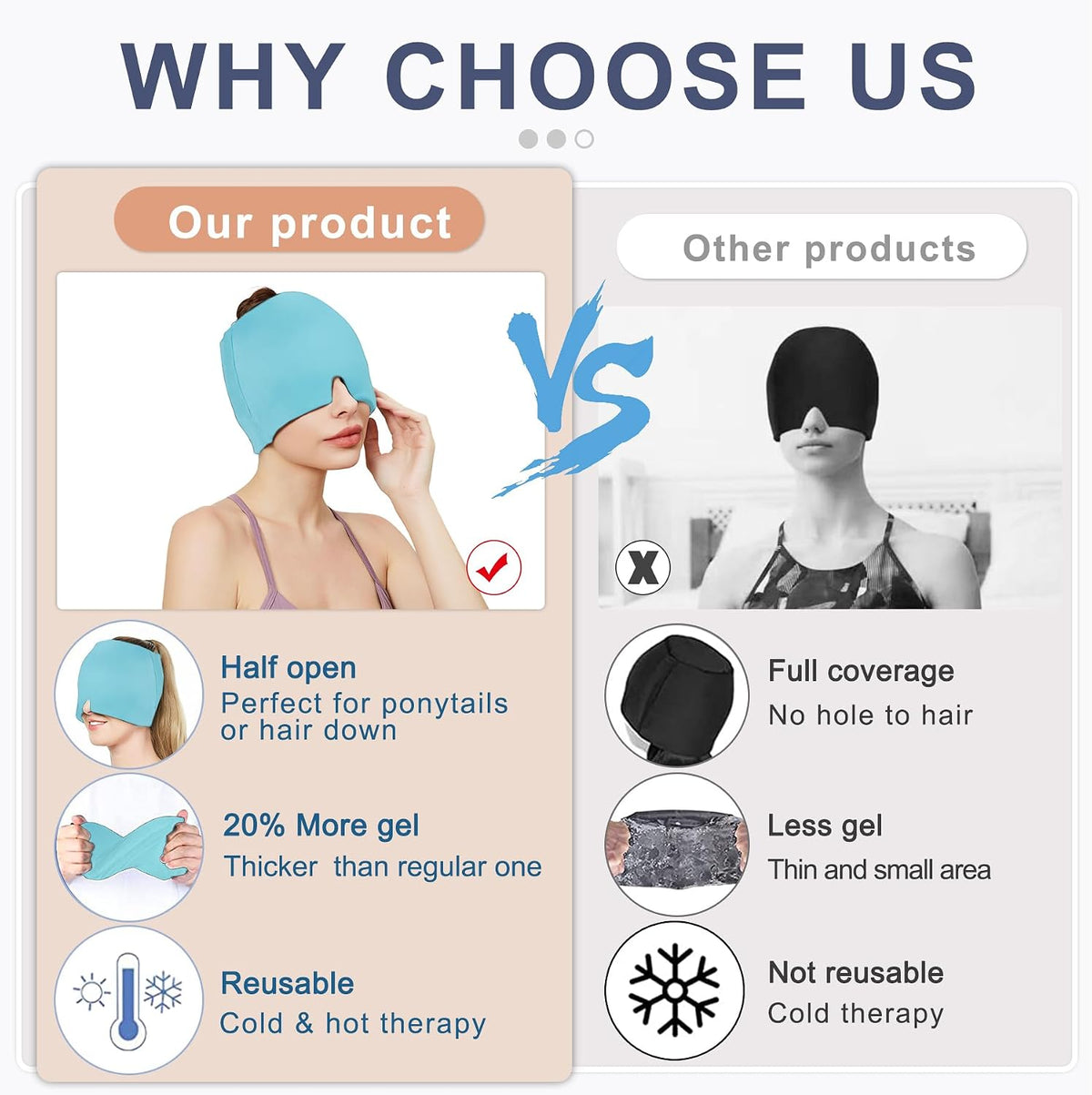 Migraine Headache Relief Cap, Gel Ice Head Wrap, Hot and Cold Therapy, Headache Eyes Mask for Sinus, Puffy Eyes, Tension and Stress Relief (Blue)