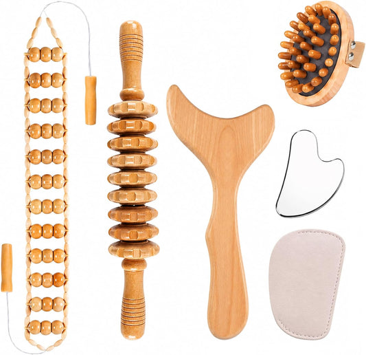 5PCS Wood Therapy Massage Tools Set, Maderoterapia Lymphatic Drainage Massager, Professional Maderoterapia Kit Cellulite Massager for Body Contouring,Relief Muscle， Gua Sha Facia Tools
