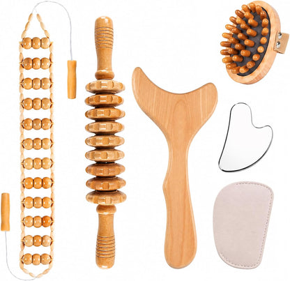 Wood Therapy Massage Tools Set, Maderoterapia Massage Kit with Wooden Gua Sha Tools, Body Sculpting & Lymphatic Drainage Massager, Muscle Relaxation Roller for Face, Back, Legs & Full Body