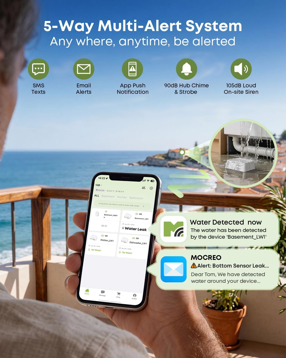 WiFi Water Leak Detector Kit, 2000ft Long Range, SMS App Email Alerts, 105dB Adjustable Alarm, Leak Severity Tracking, 5-Year Battery Life, 3 IP67 Water Leak Sensors for Home Basement Kitchen