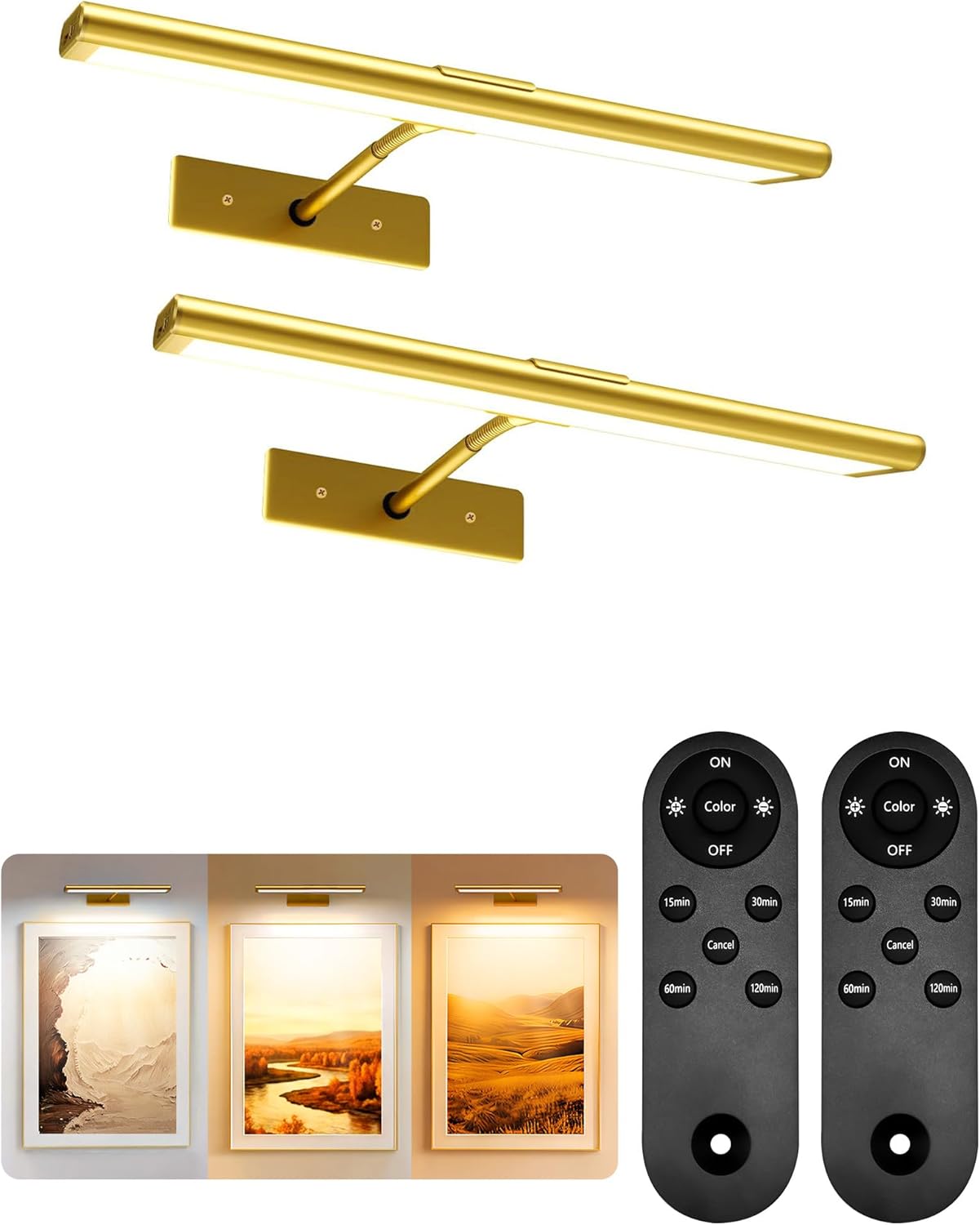 EZVALO Picture Light for Wall, 4800mAh Rechargeable Wireless Gold Light with IR Remote, Dimmable Magnetic LED Art Display Light with 3 Color Temperatures, for Gallery, Living Room, Bedroom(2Pack)