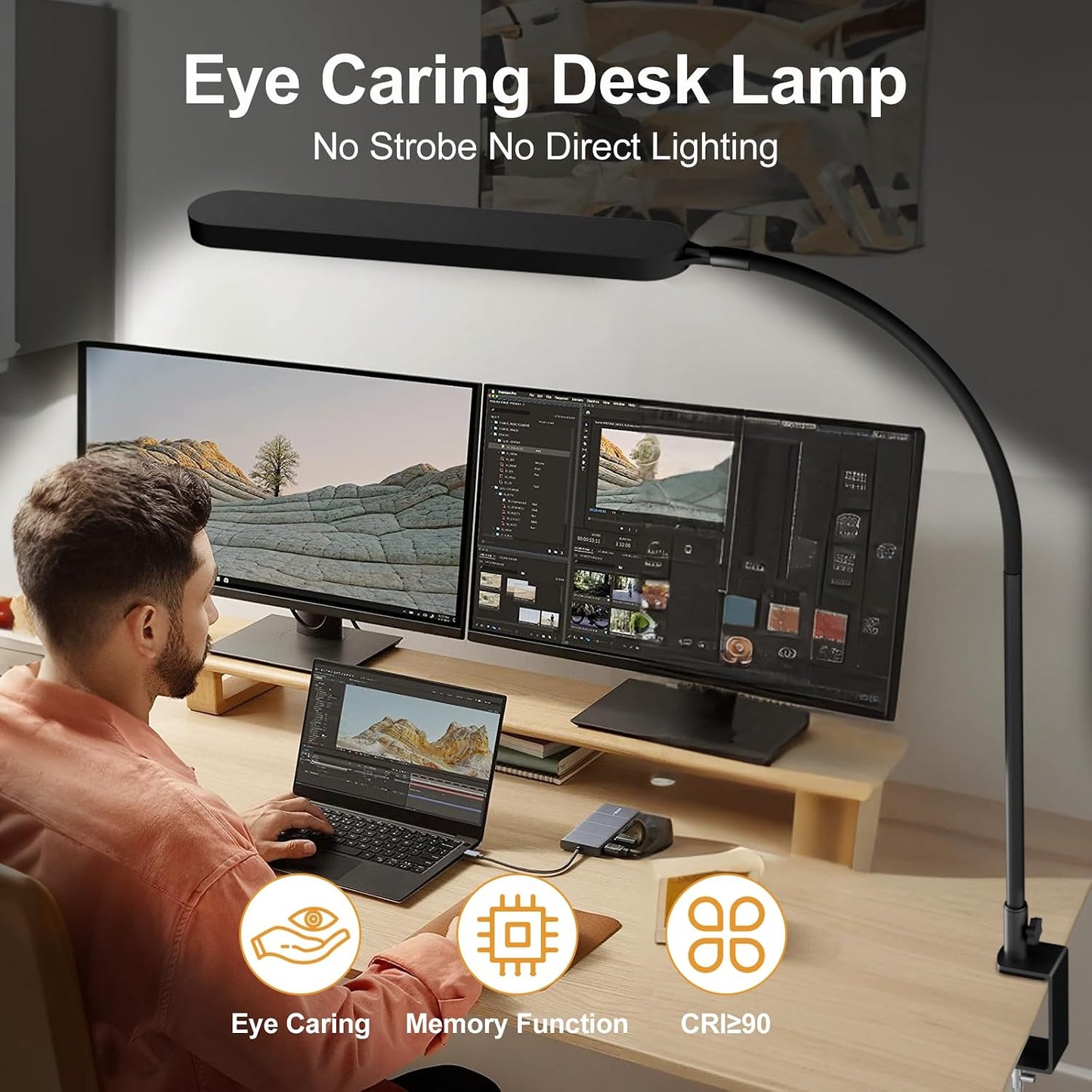 SKYLEO Desk Lamp for Home Office, Eye Comfortable LED Desk Light for Long Hours, Adjustable Swing Arm with Memory Function, Black