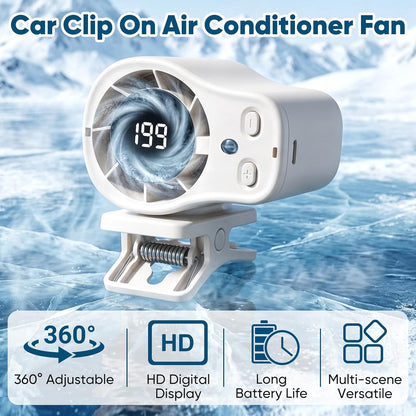Clip On Fan with Led Display,Portable Ac for Car,16°C Cooling System, 360° Rotation &199 Speeds Adjustable Mini Car Fan Personal Portable Car Clip-On Air Conditioner Fan for Office Cars Outdoor