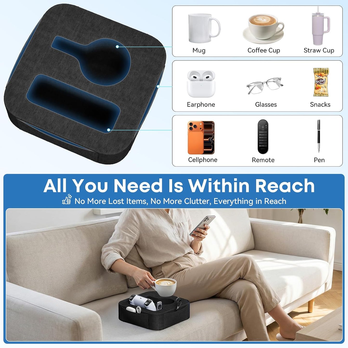 Couch Cup Holder Pillow, Sofa and Bed Caddy for iPad, Kindle, Switch, Game Controller, Remotes, Phones, Small-Sized Cup & Drink Holder for Couch, Bed, Desk, Car, Beach, Bathroom Cup Holder