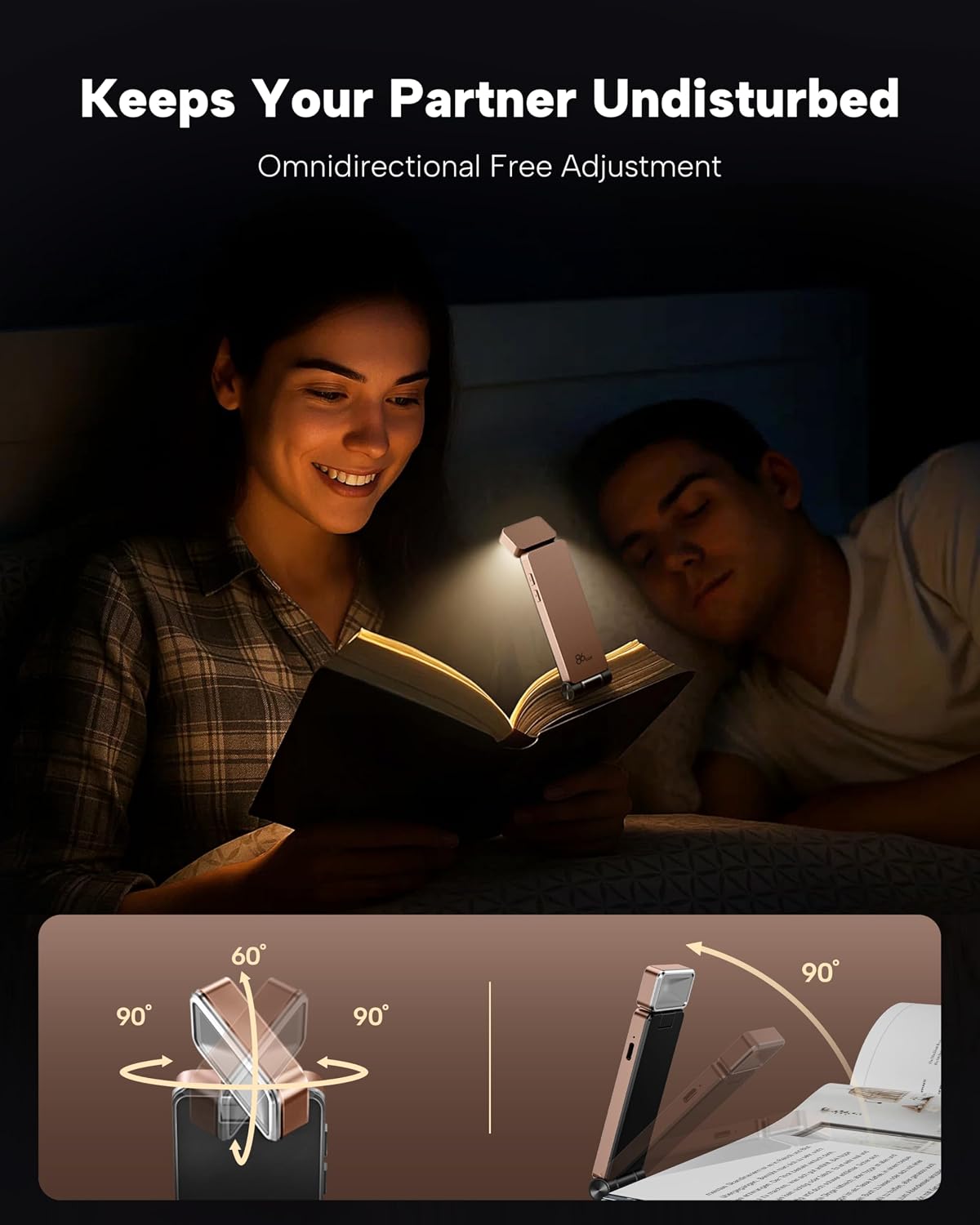86lux Reading Light, Rechargeable Book Light for Reading in Bed, Ultralight Clip-on LED Bookmark Lamp with 3 Amber Colors & Stepless Dimming for Night Reading for Book Lovers, Kids, Grey&Pink Brown