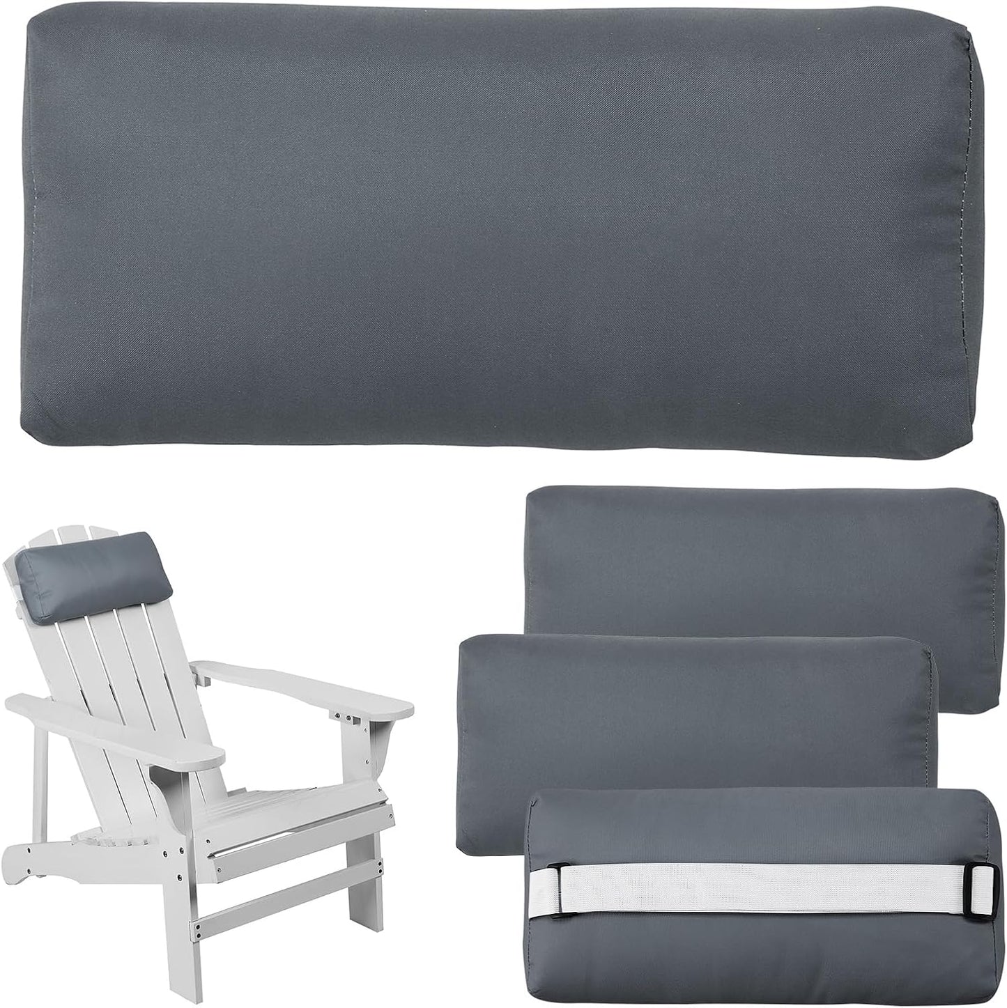 Headrest Pillow for Patio Chaise Lounge Chair, 4 Pack Outdoor Chaise Pillows with Adjustable Elastic Stripe Head Resting Pillows for Recliner Office Chair, Dark Gray