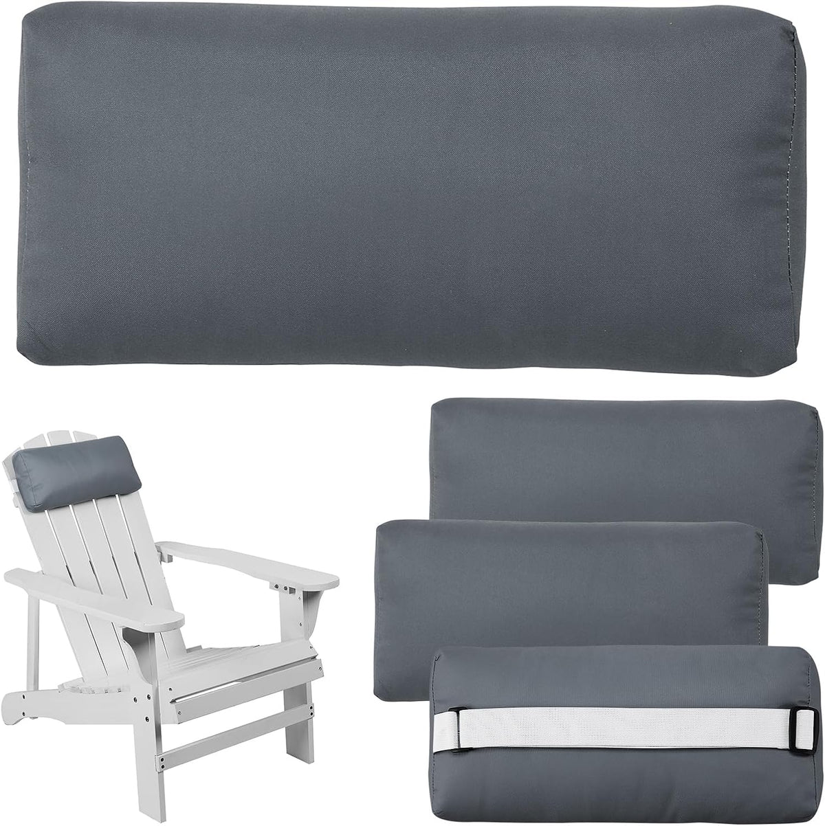 Headrest Pillow for Patio Chaise Lounge Chair, 4 Pack Outdoor Chaise Pillows with Adjustable Elastic Stripe Head Resting Pillows for Recliner Office Chair, Dark Gray