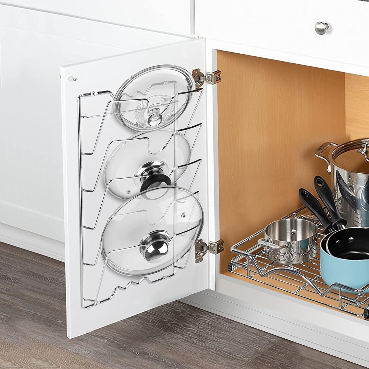 5-Tier Wall-Mount Pot Lid Rack for Kitchen – Pan Lid Organizer, Cabinet Door Storage Rack, Cookware Holder for Pots, Lids, Bakeware & Kitchen Utensils (USA)