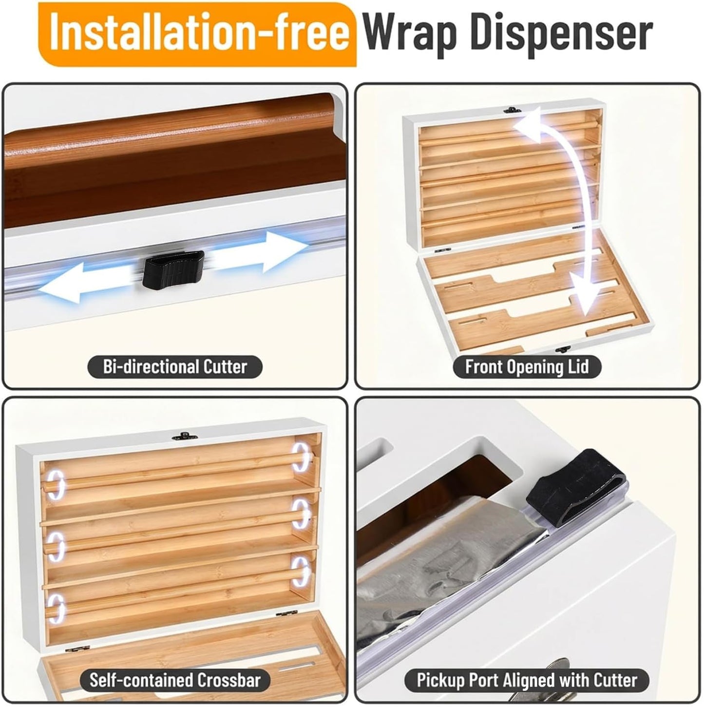Allinside Magnetic Plastic Wrap Dispenser with Cutter, 3 in 1 Refrigerator Bamboo Wood Organizer for Tin Foil, Baking, Wax Paper Holder Kitchen Storage Box Compatible with 12.9" Roll, Black (3 Layer)