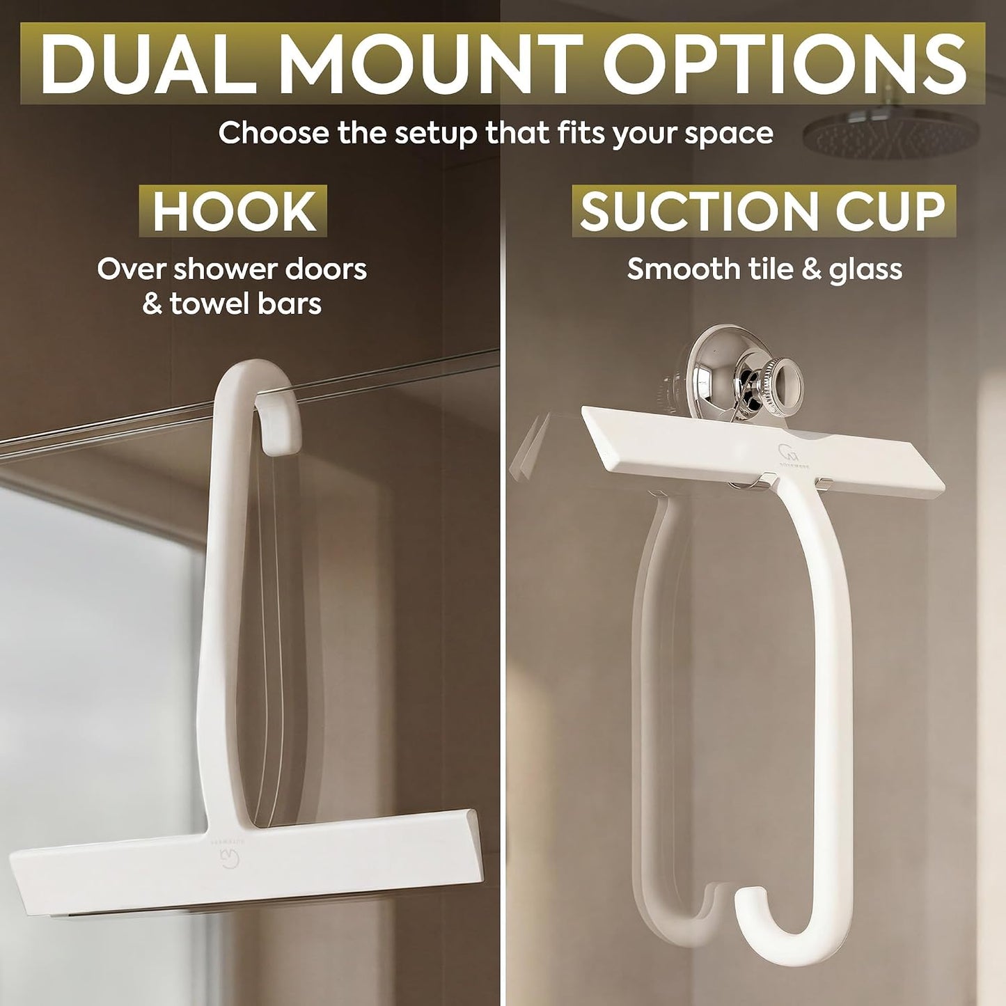 Shower Squeegee for Glass Doors, 10″ Black with No-Drill J-Hook | Hang Anywhere Without Adhesive, Seamless One-Piece Silicone, Encased Steel Core, Streak-Free Shower Squeegee for Glass & Tile