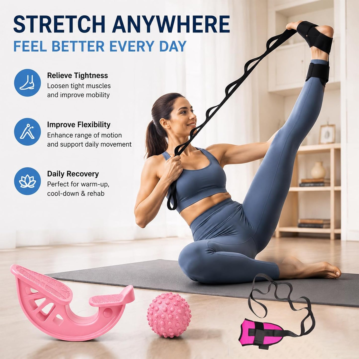 3-in-1 Calf Stretcher & Foot Rocker Kit, Portable Physical Therapy Tool with Leg Stretch Strap & Foot Massage Ball, Relief for Plantar Fasciitis, Achilles Tendonitis, Heel Pain, Yoga, Running