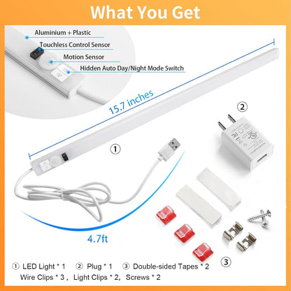 Touchless LED Motion Sensor Under Cabinet Lighting, USB Plug-in | 15.7" Bright & Dimmable, Motion Sensor Light Indoor for Kitchen, Cabinet, Closet, Pantry - Cool 2Pack