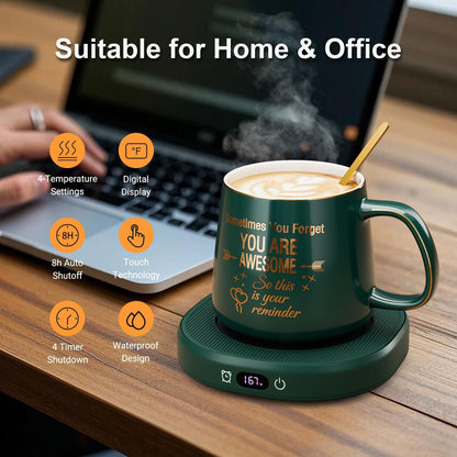Coffee Mug Warmer & Pure Black Mug Set, Electric Cup Warmer for Desk | Beverage Warmer Plate for Coffee,Tea,4 Temperature Setting,8-Hours Auto Shut Off,14oz Mug with Spoon & Bamboo Lid Included
