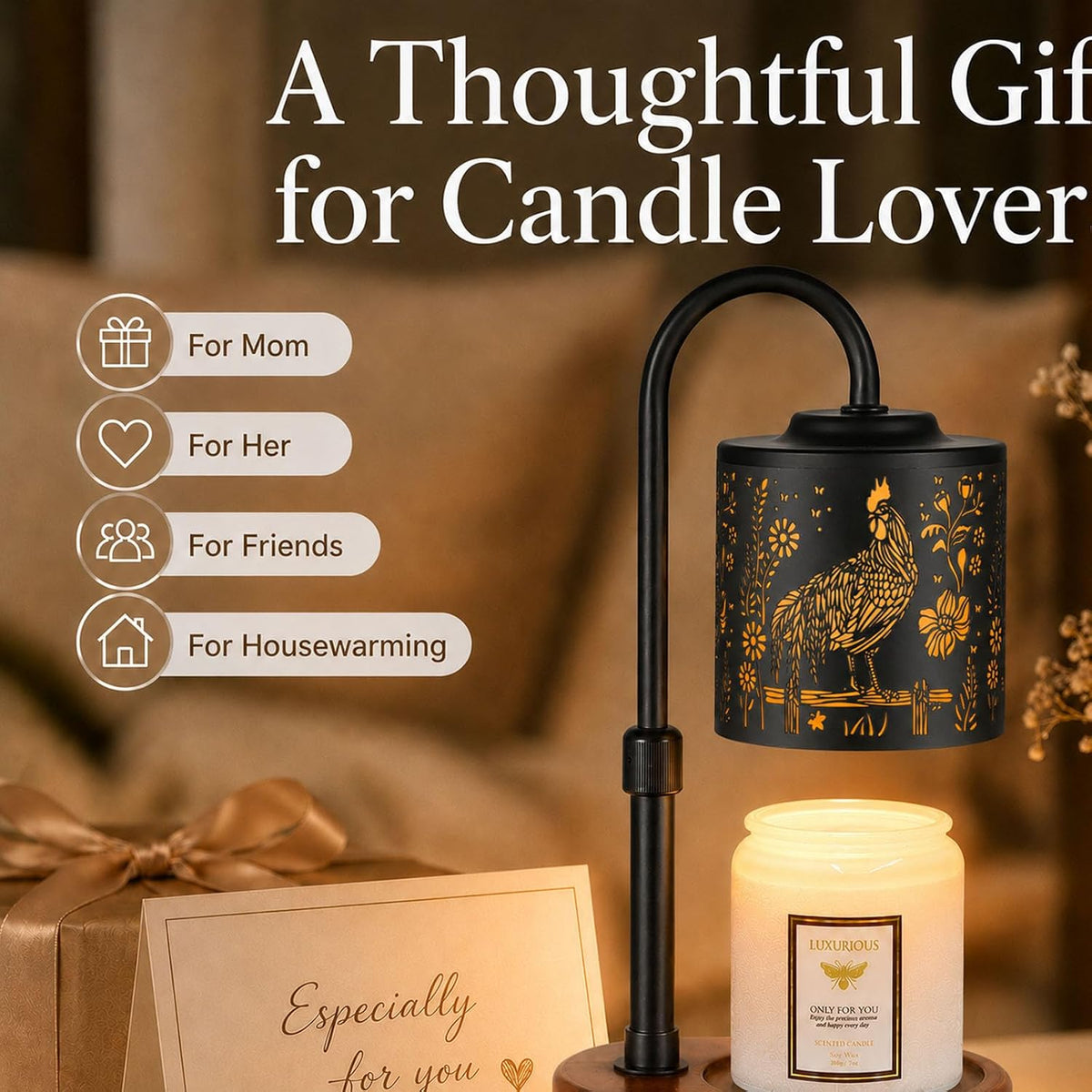Dimmable Candle Warmer Lamp with Timer Adjustable Height for Scented Jar Candles Electric Candle Wax Melt Warmer for Home Decor Christmas Birthday Gifts for Women Mom(Hummingbird)