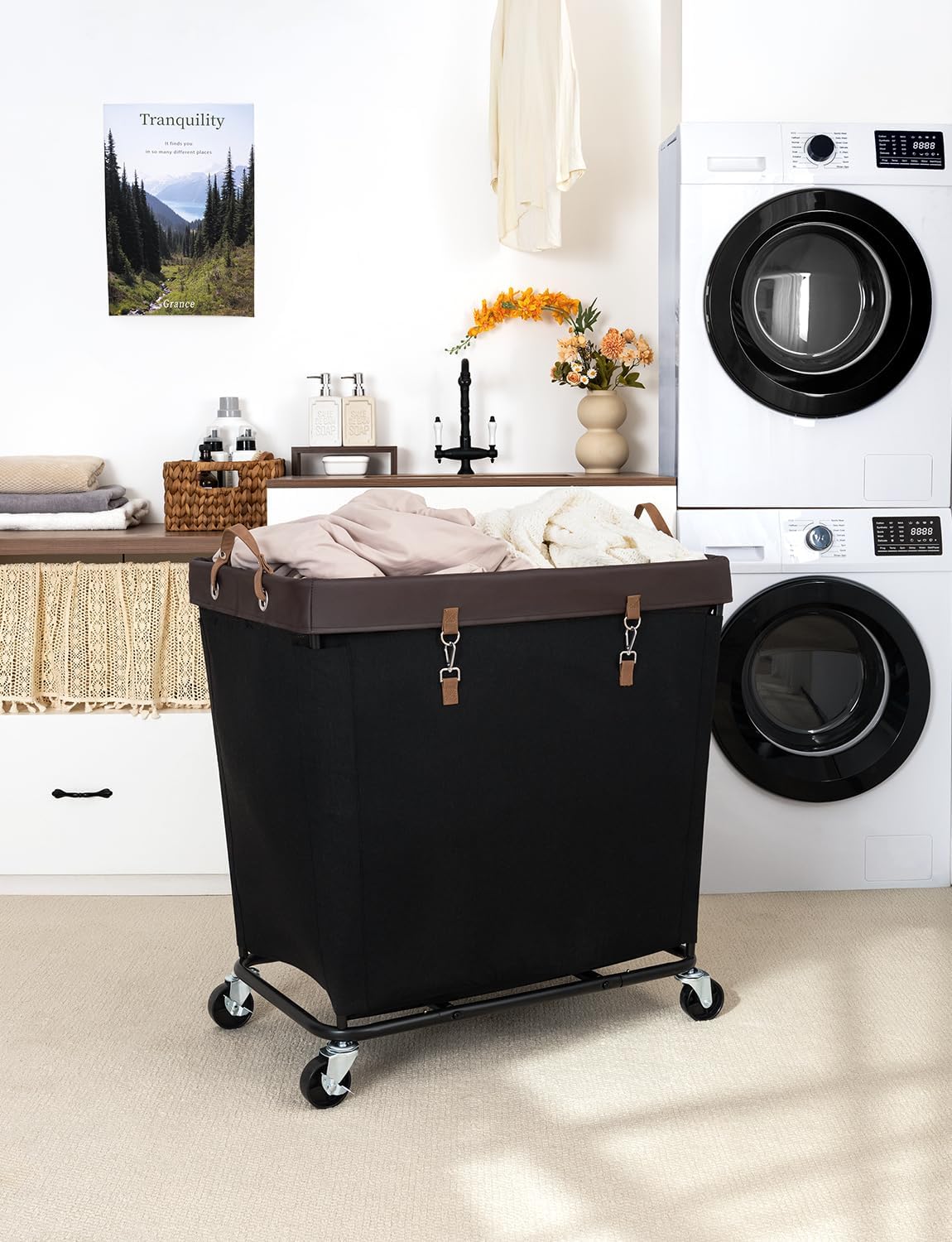 StorageWorks 160L Laundry Basket with Wheels, Rolling Hampers for Clothing | Beige Laundry Basket with Wheels, Metal Frame & Handles, Rolling Hamper for Bedroom, Bathroom, Dorm, Hotel