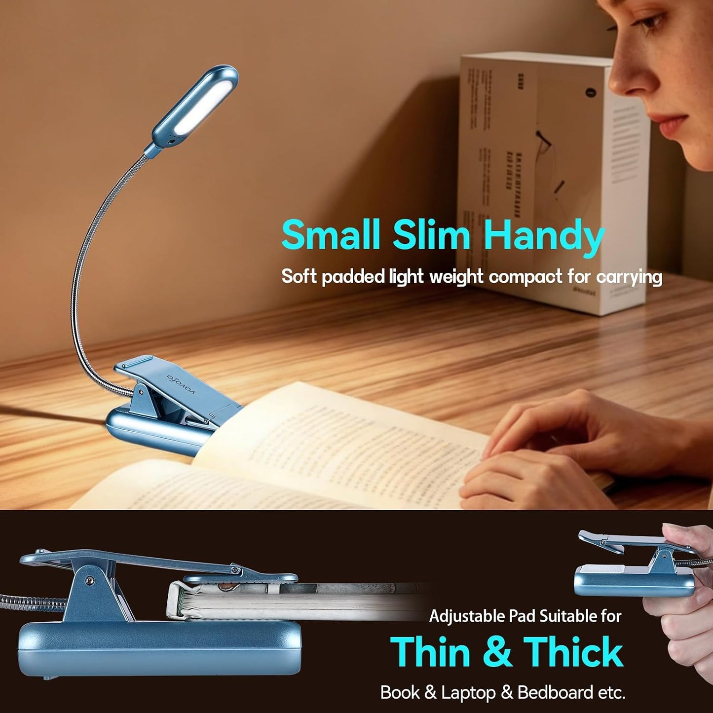 VAVOFO Rechargeable Book Light for Reading in Bed Kids, 7 LED Reading Light with 9-Level Warm Cool White Daylight, Eye Care Lamp with Power Indicator for Bookworms (Yellow)
