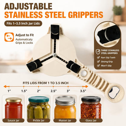 4-in-1 Jar Opener for Weak Hands & Arthritis, Adjustable Lid Opener | Non-Slip Stainless Steel Can & Bottle Opener for Jars, Cans & Bottles, Easy Grip Kitchen Tool for Seniors